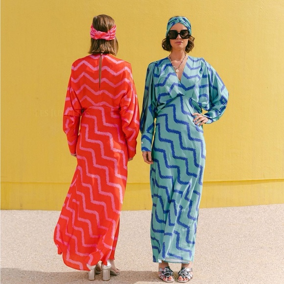 Les Jumelles Antwerp Toby Vibrant Red Zigzag Long Sleeve Dress Size T2/Medium - Picture 3 of 8